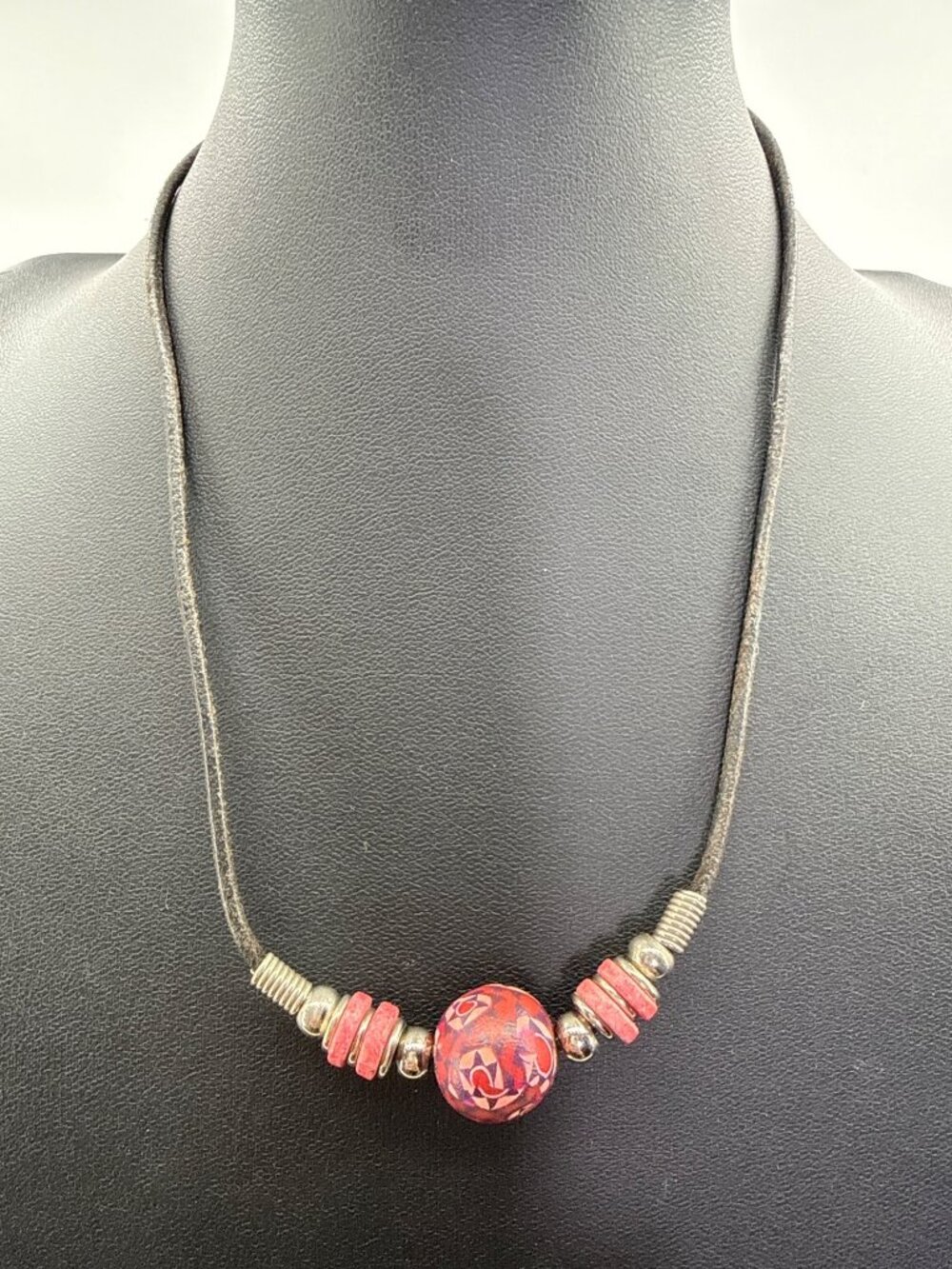 Boho Red Geometric Focal Bead Leather Cord Necklace Silver Accents Southwestern